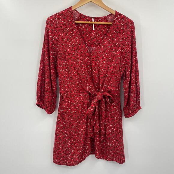 Free People Clara Mini Dress Tie Front Fit & Flare Floral Red Black Womens Small - Picture 4 of 6